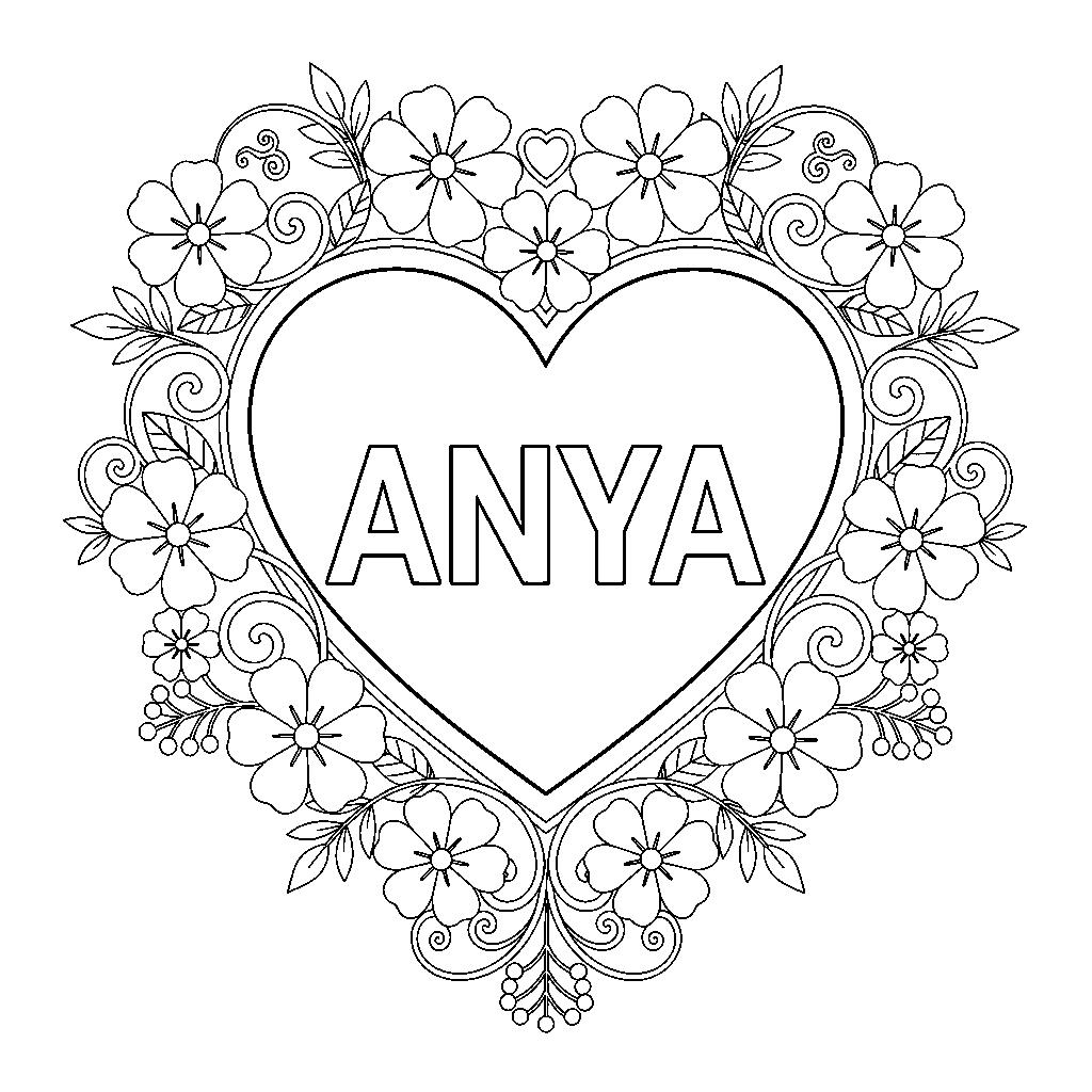 ANYA felirat szívben - Virágos kerettel