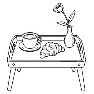 Kávé és croissant reggeliző tálcán virággal