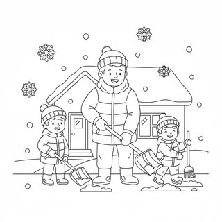 Apuka és a gyerekek havat lapátolnak a hóesésben nyomtatható téli színező