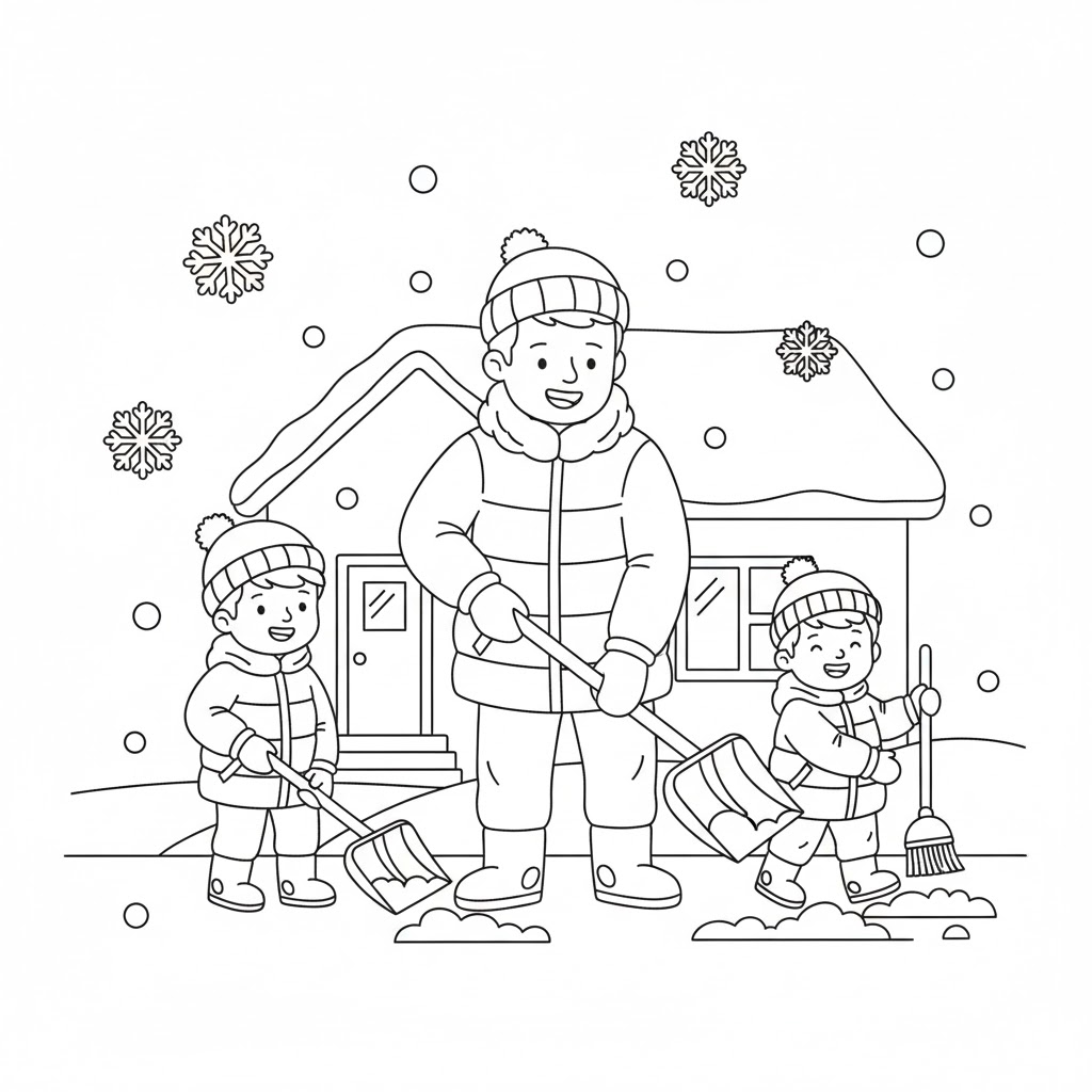 Apuka és a gyerekek hányják a havat a hóesésben téli színező