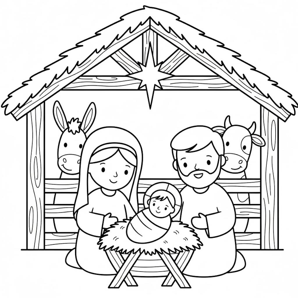 Betlehemi jászol színezőlap gyerekeknek – Jézus, Mária, a kisded és állatok