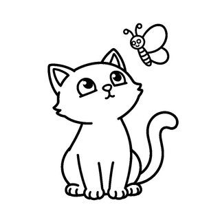 Kíváncsi macska és pillangó színező ovisoknak