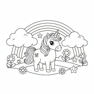 Cuki unikornis sétál a szivárvány alatt, lányoknak való színező