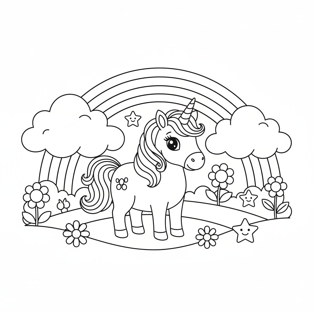 Cuki unikornis színező lányoknak - szivárványos rajz