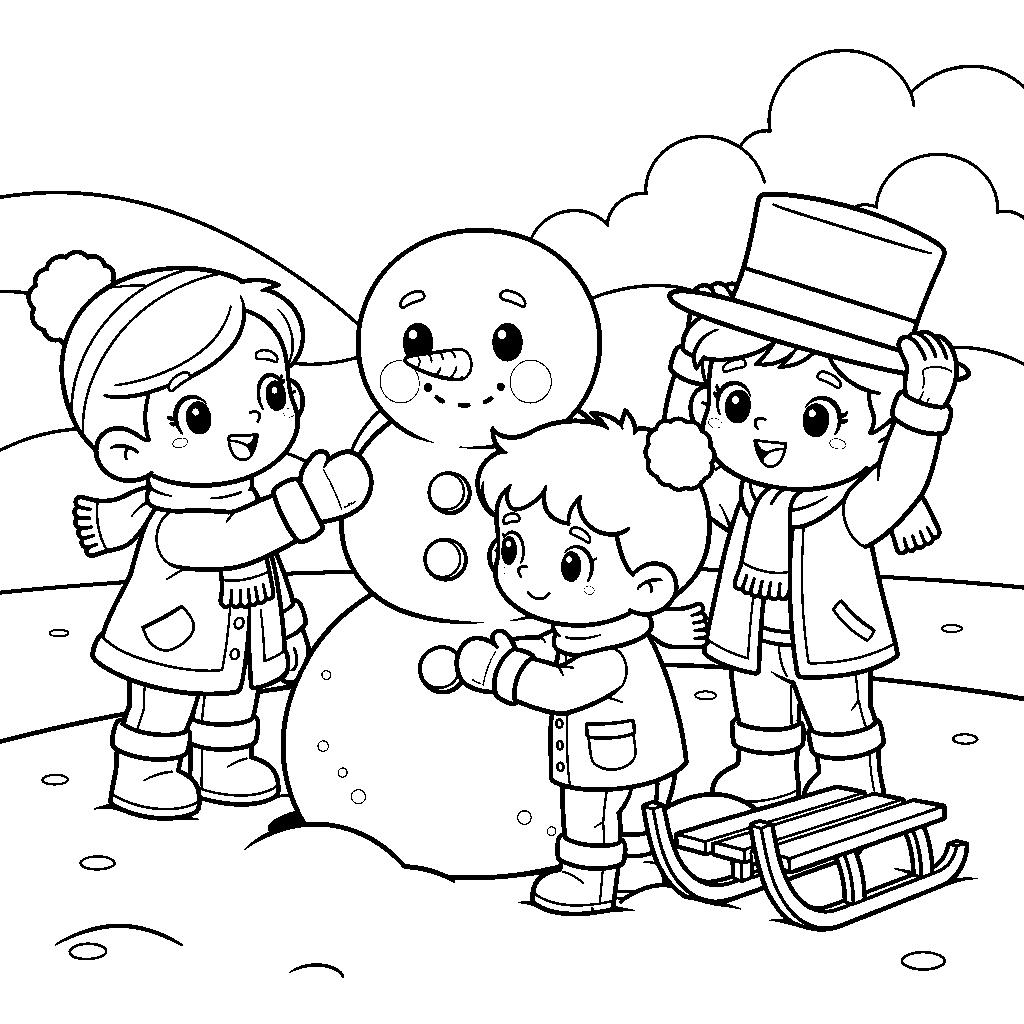 Hóemberépítő ovisok színező - Vidám téli kifestő