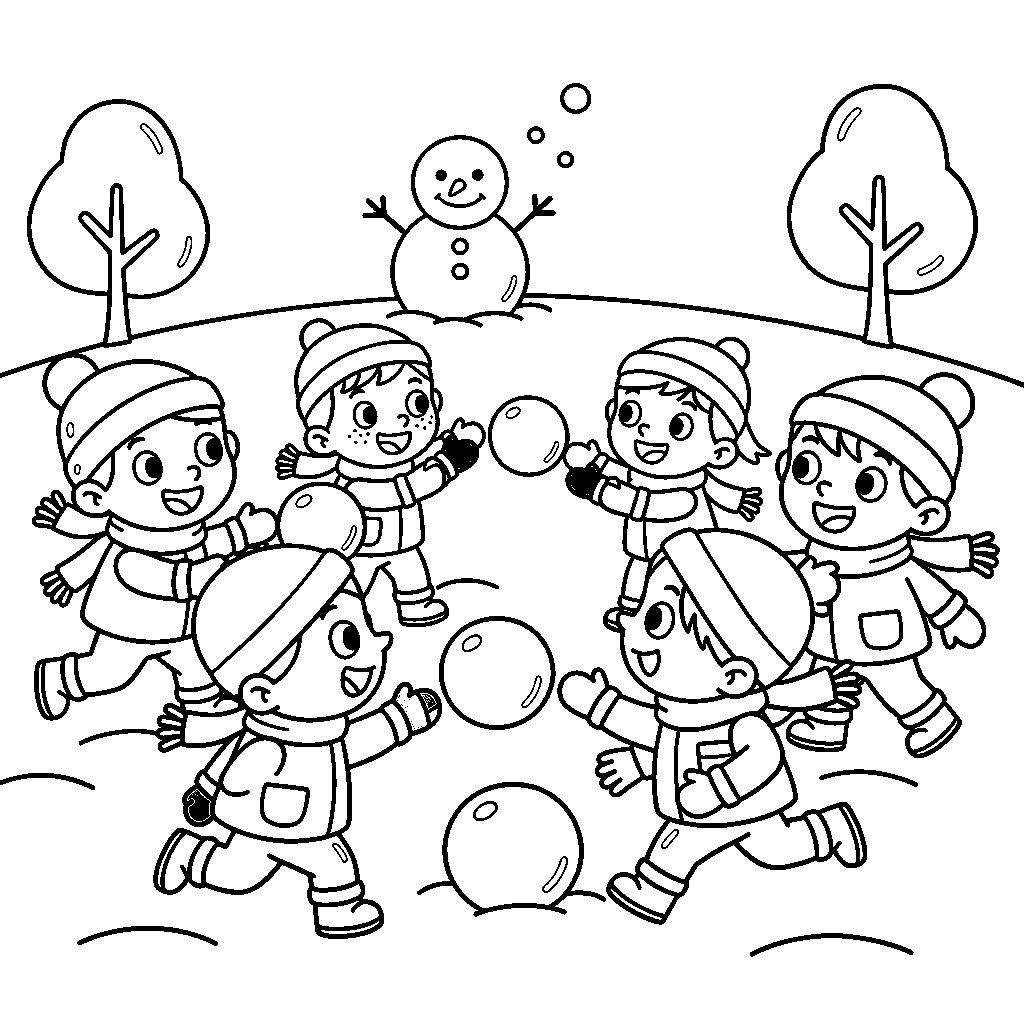 Hógolyózó gyerekek kifestő - Egyszerű ovis színező