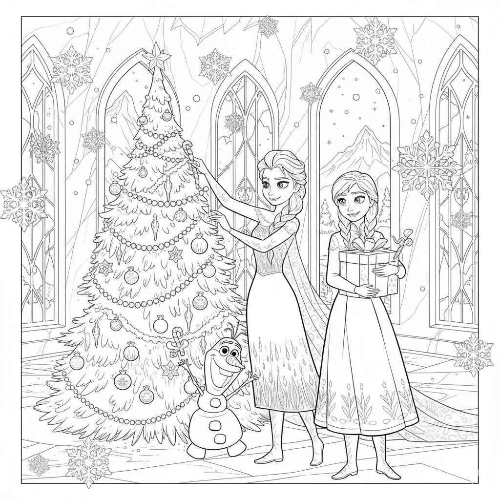 Jégvarázs karácsonyi színező lányoknak - Anna, Elza és Olaf