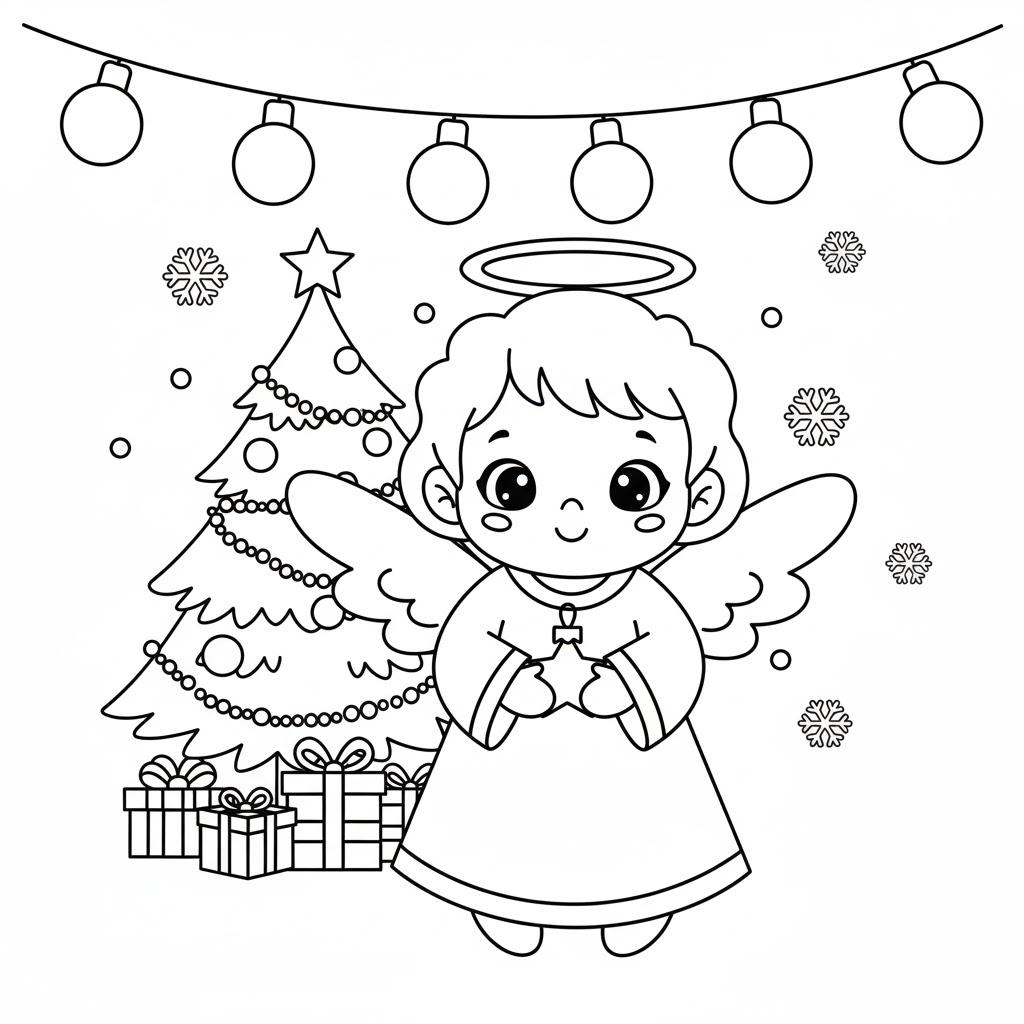 Kedves karácsonyi angyalka egy karácsonyfa mellett – nyomtatható színező ovisoknak