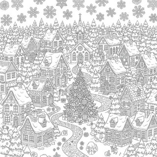 Részletes karácsonyi falu kifestő felnőtteknek