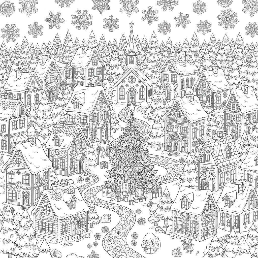 Karácsonyi falu kifestő felnőtteknek - részletes nyomtatható rajz
