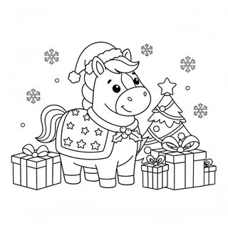 Egyszerű karácsonyi lovas színező óvodásoknak, paci karácsonyfa mellett