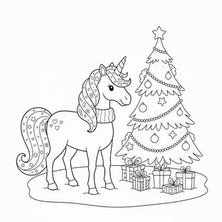 Karácsonyi unikornis vonalrajz ovisoknak - egyszarvú a karácsonyfa mellett