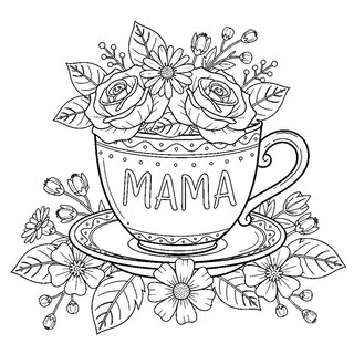 Kedves anyák napi színező nagymamának - Virágokkal teli teáscsésze MAMA felirattal