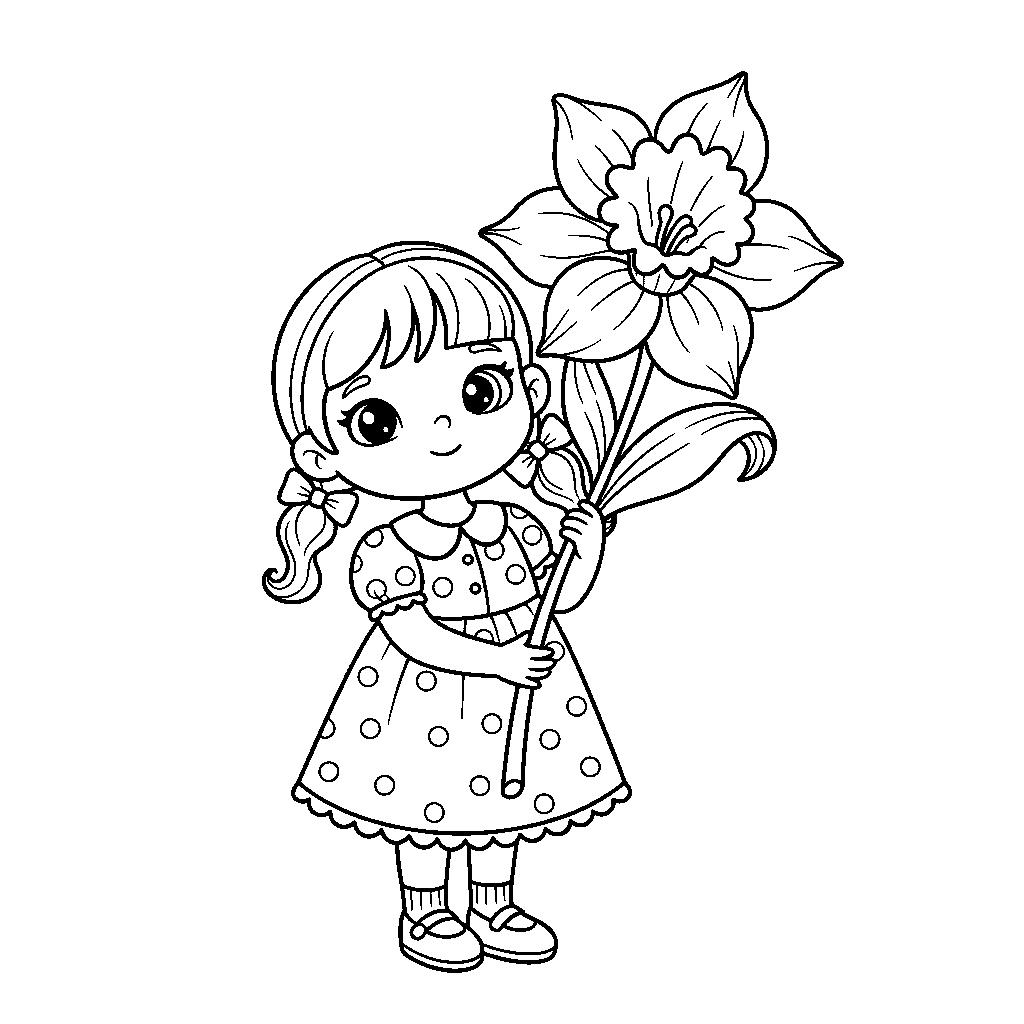 Kislány nárcisszal - Tavaszi rajz színező