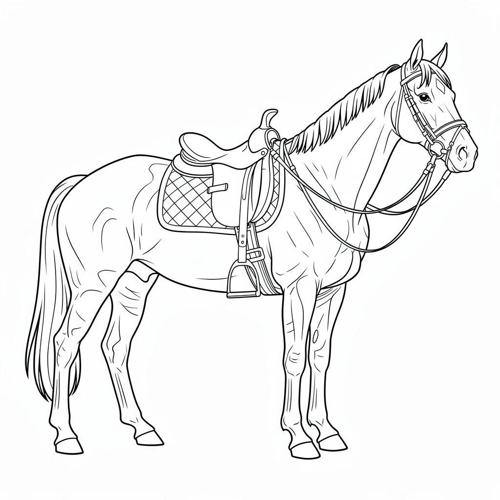 Részletes lovas színező nyereggel - Nyomtatható rajz