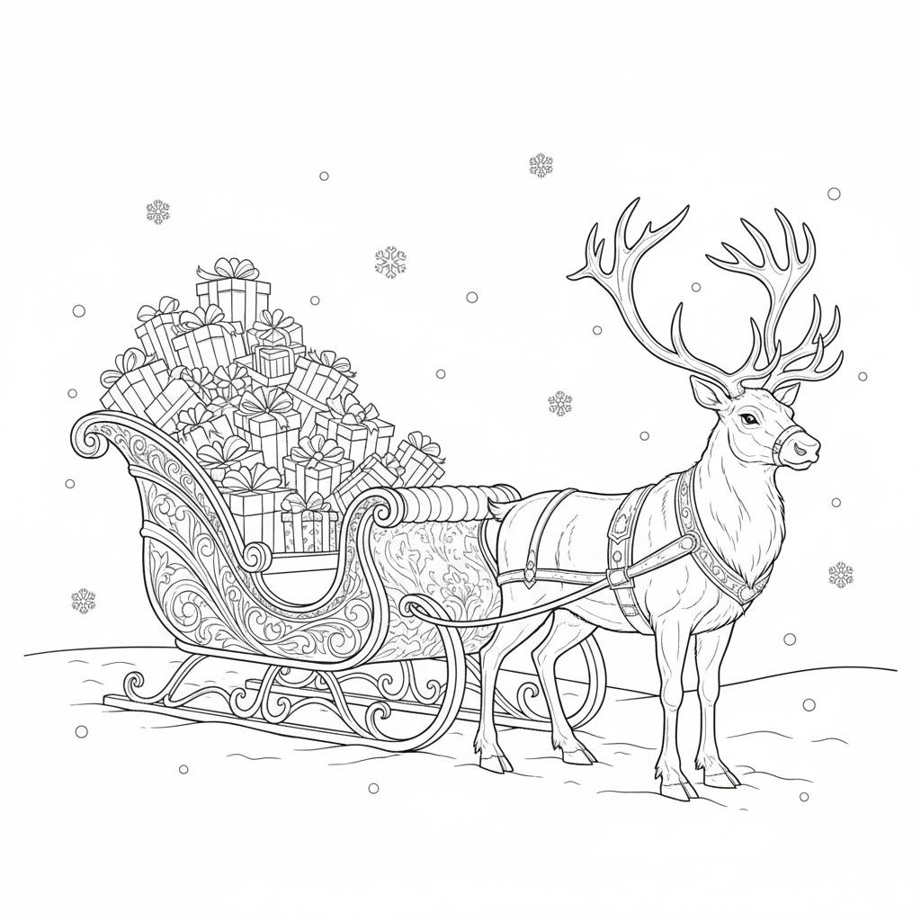 Nyomtatható mikulás szán kifestő – szarvas húzza az ajándékokkal teli szánt