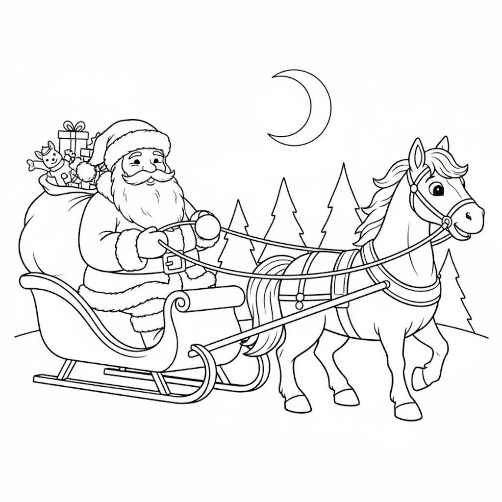 Mikulás színező kisgyerekeknek, Télapó lovas szánnal viszi az ajándékokat - nyomtatható és letölthető 