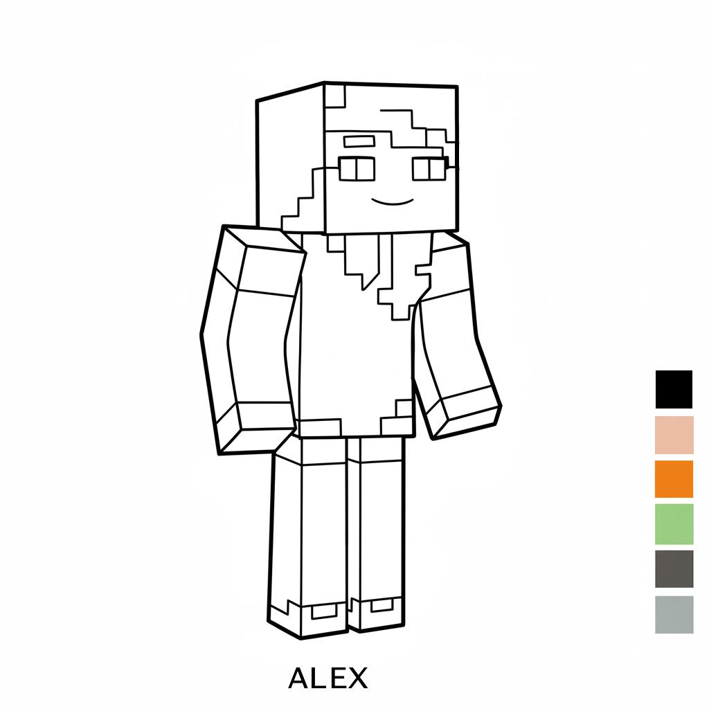 Minecraft színező - Alex karaktere - ingyen letölthető, nyomtatható színező