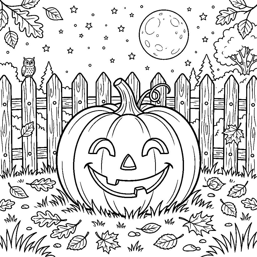 Mosolygós sütőtök a kerítés mellett halloweeni színező