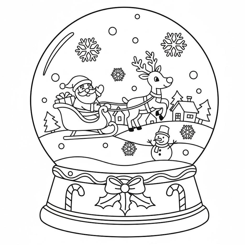 Karácsonyi hógömb Télapóval és rénszarvasos szánnal – nyomtatható kifestő gyerekeknek