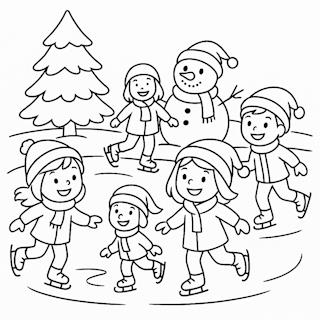 Nyomtatható téli színező gyerekeknek – korcsolyázó gyerekekkel és havas tájjal.