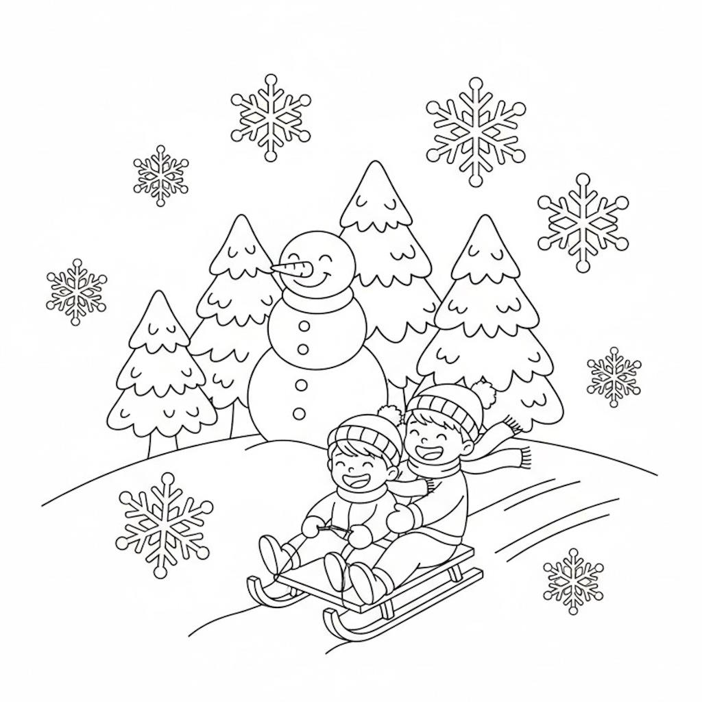 Nyomtatható téli színező óvodásoknak – szánkózó gyerekek fenyőfás, havas domboldalon