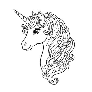Szívecskés sörényű unikornis fej rajz ovosoknak