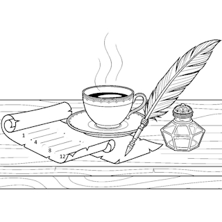 Kávéházi asztal lúdtollal és feltekert pergamennel. Március 15-i hangulatú, nyomtatható színező gyerekeknek.