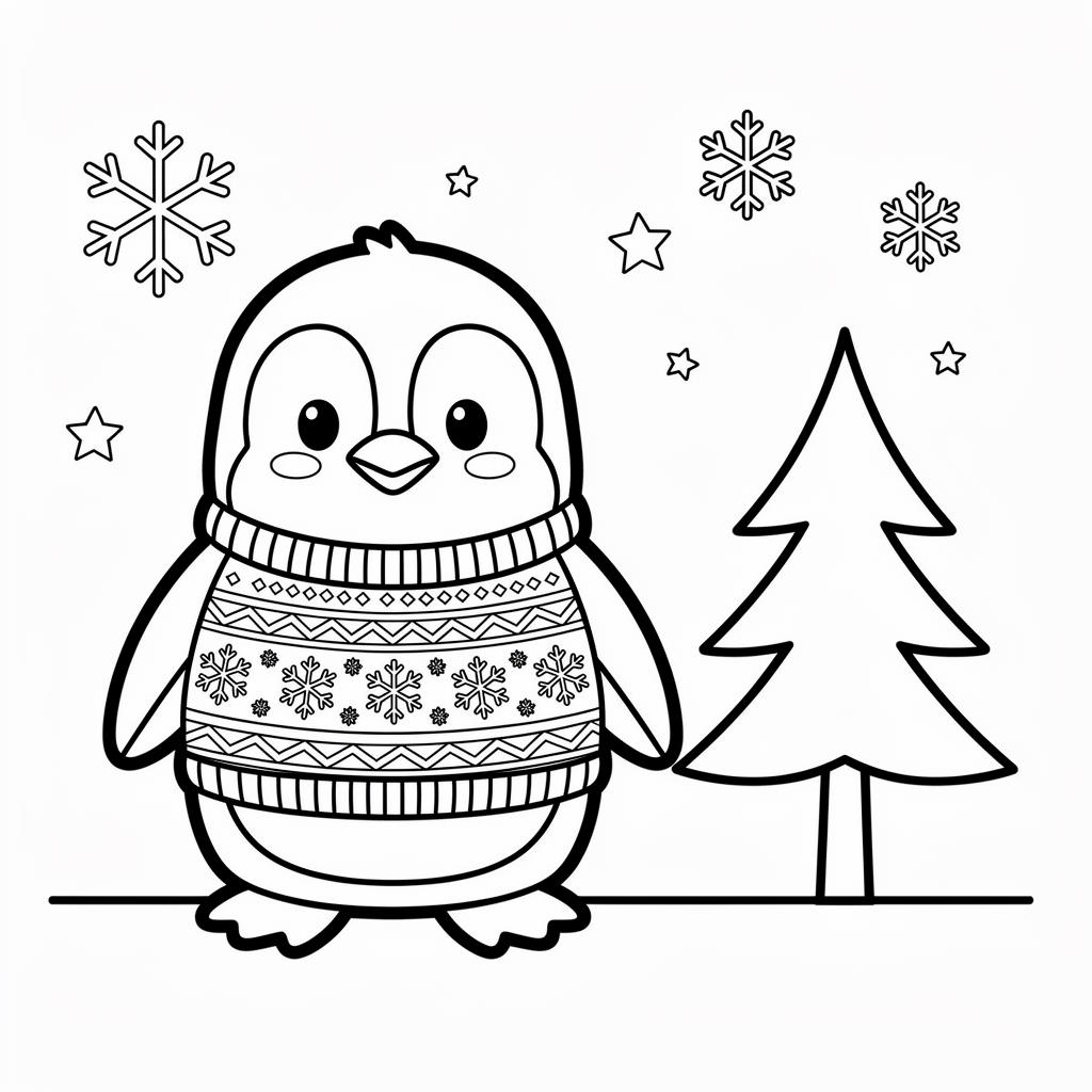 Pingvin karácsonyi pulcsiban - cuki téli színező gyerekeknek