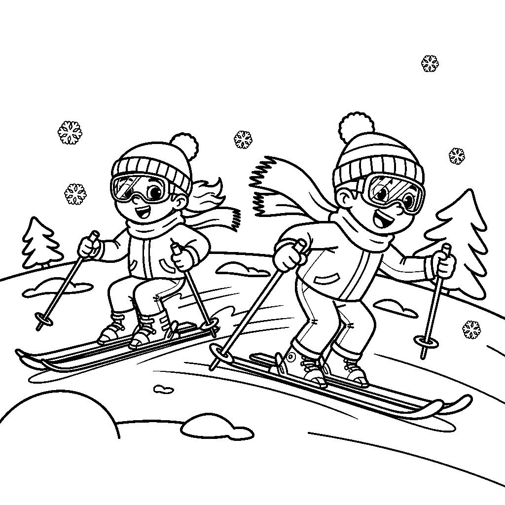 Síelő gyerekek nyomtatható téli kifestő