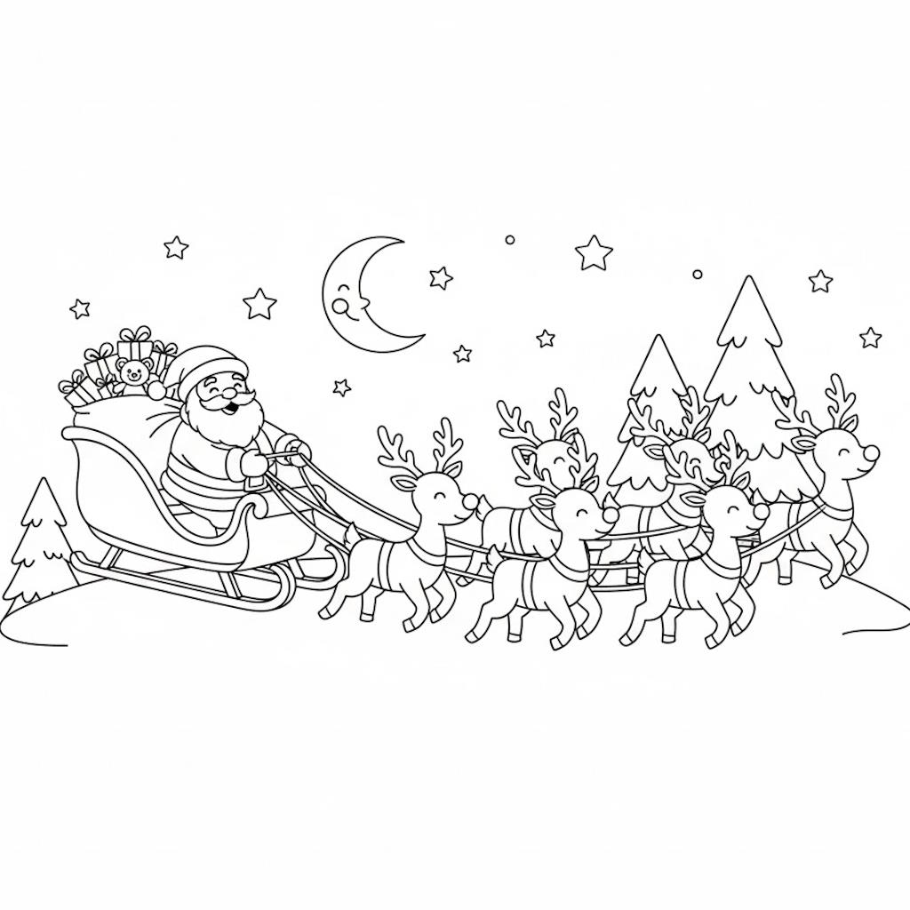 A Télapó ajándékokkal teli szánját rénszarvasok húzzák - nyomtatható színező gyerekeknek