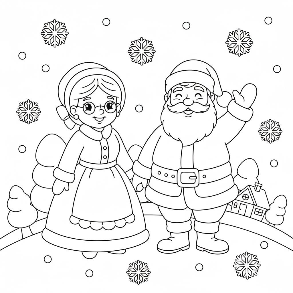Télapó és Télanyó a téli hóesésben – nyomtatható színező gyerekeknek
