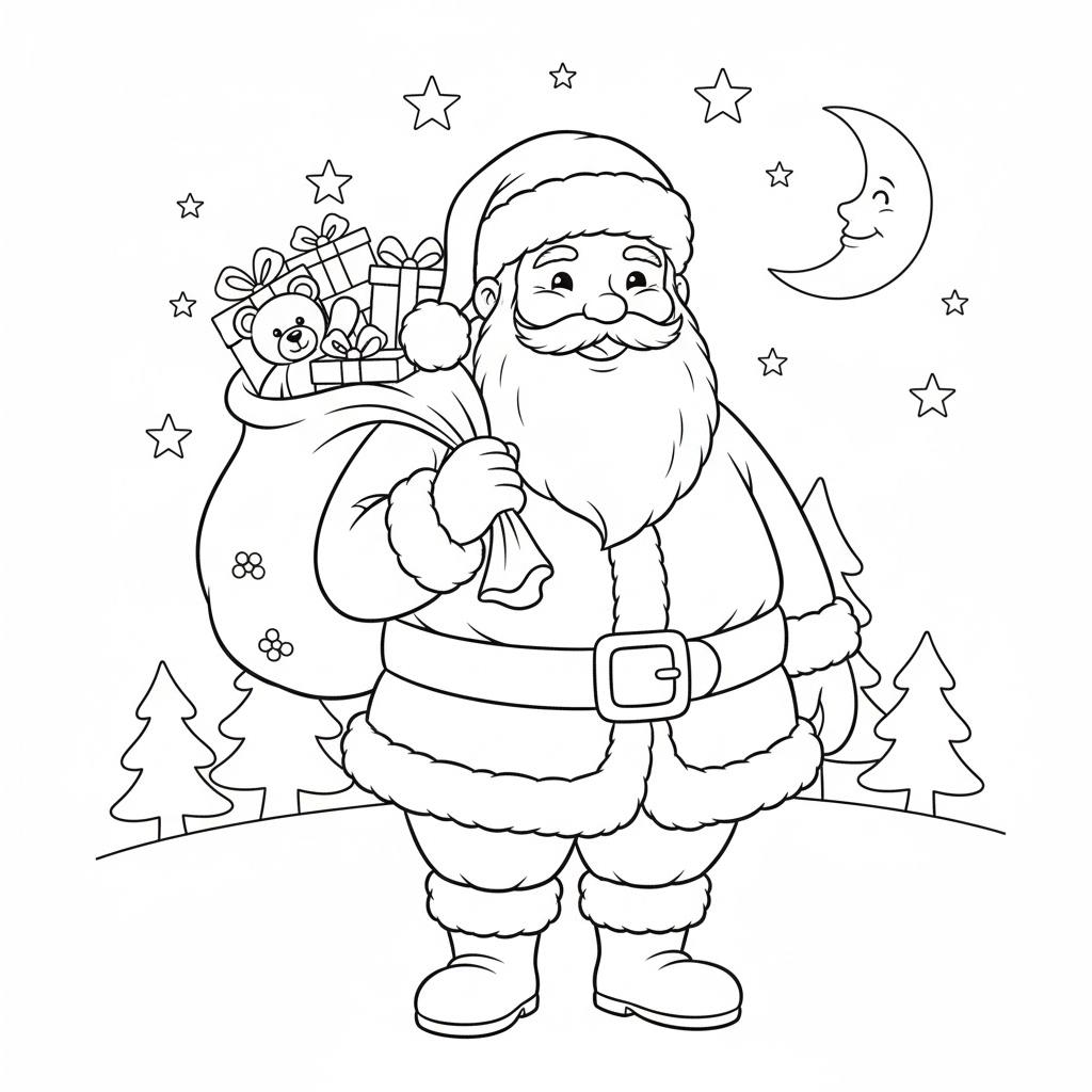 A Télapó puttonyban viszi az ajándékot a gyerekeknek éjszaka - nyomtatható színező kisgyerekeknek