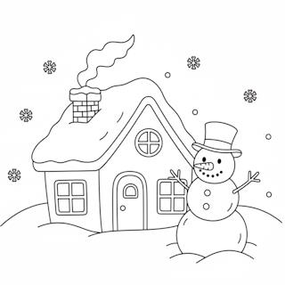 Nyomtatható téli színező gyerekeknek – házikó és hóember a havas tájon, vidám téli kifestő a hideg napokra.