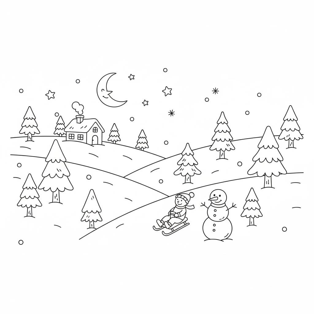 Téli havas tájkép színező ovisoknak – nyomtatható és letölthető kifestő