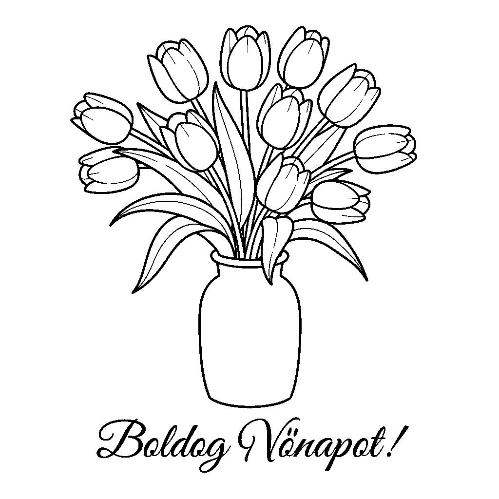 Tulipáncsokor vázában - Boldog Nőnapot színező