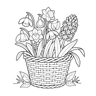 Tavaszi virágokkal teli fonott kosár