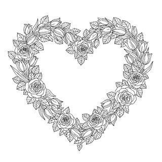 Részletgazdag rózsákból font szív alakú koszorú színező