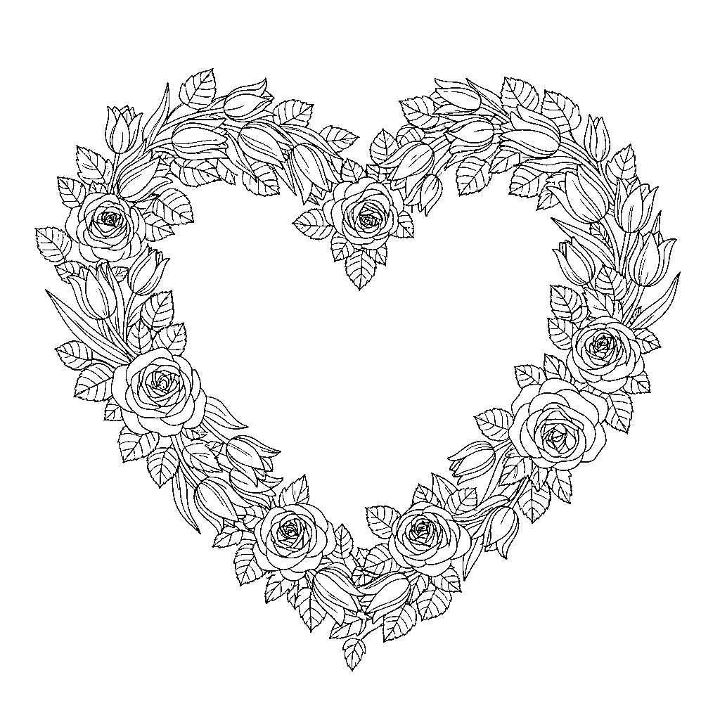 Virágos szív koszorú nyomtatható színező